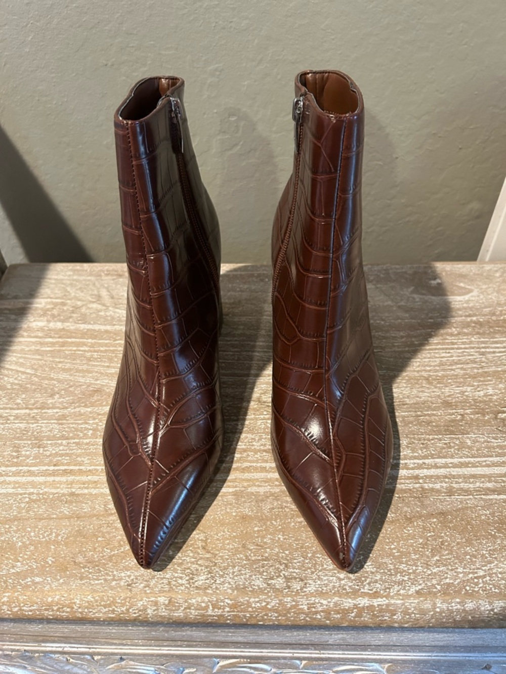 Marc Fisher Brown Croc-Embossed Pointed Toe Ankle Boots